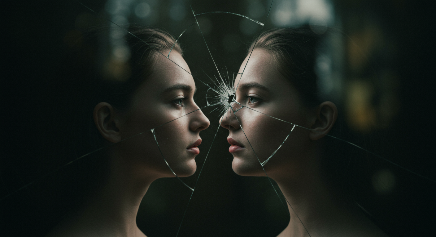 Two faces reflected in a broken mirror, symbolizing fragmented identity.