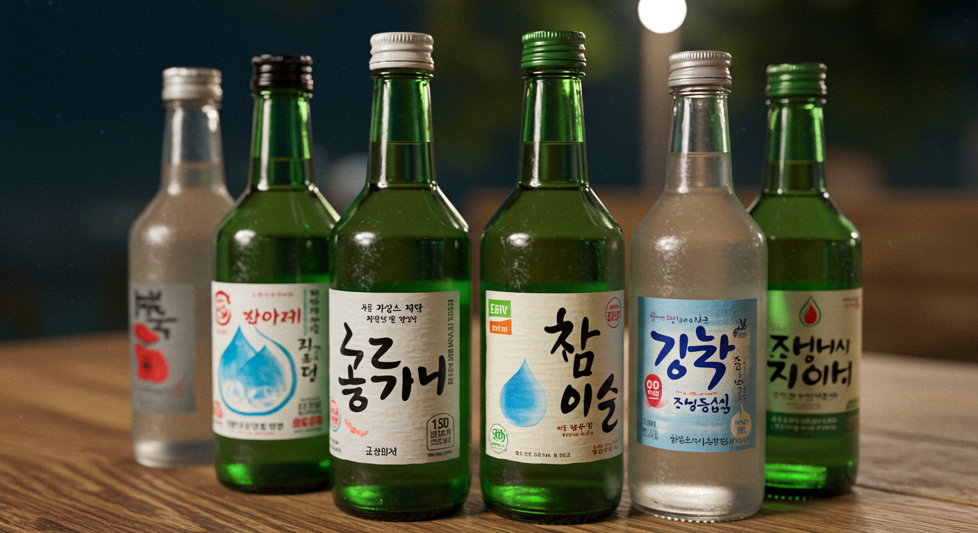Various Soju bottles displayed on a wooden table.